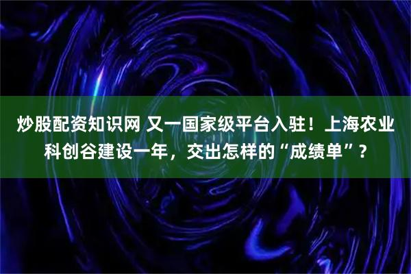 炒股配资知识网 又一国家级平台入驻！上海农业科创谷建设一年，交出怎样的“成绩单”？